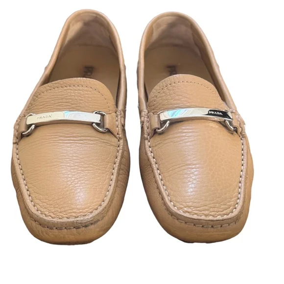 PRADA Women’s 37.5 (US 7) Sand Leather Beige Loafers Flats Shoes - Picture 7 of 9